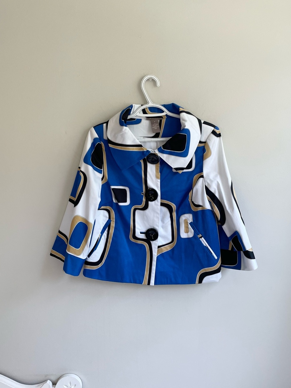 VINTAGE KENAR CROP JACKET OPEN FIT POCKETS BLUE WHITE TAN OVERSIZE BLACK BUTTON